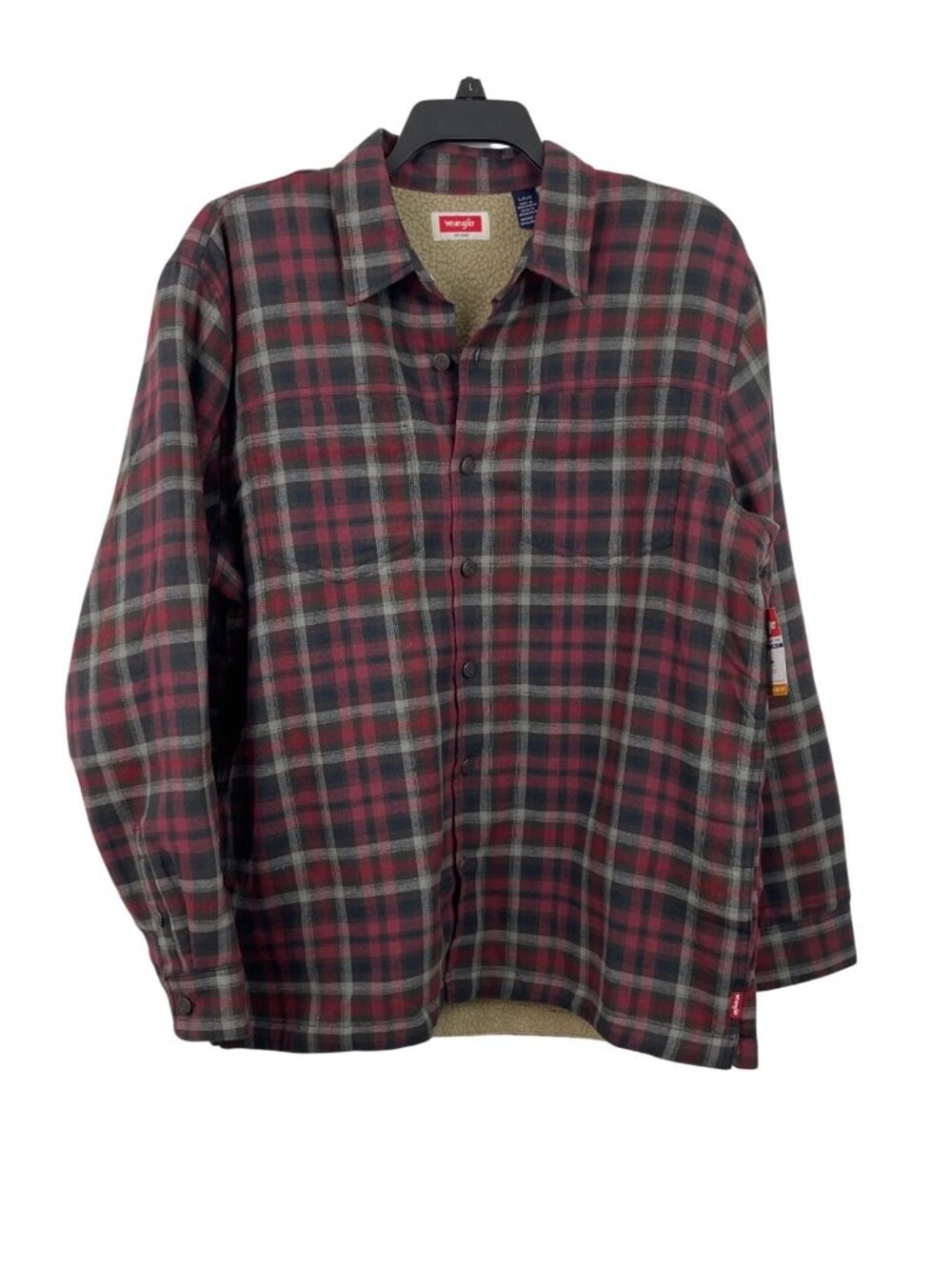 Wrangler Mens Red Plaid Sherpa Lined Button-Up Shirt Jacket Shacket Size Large